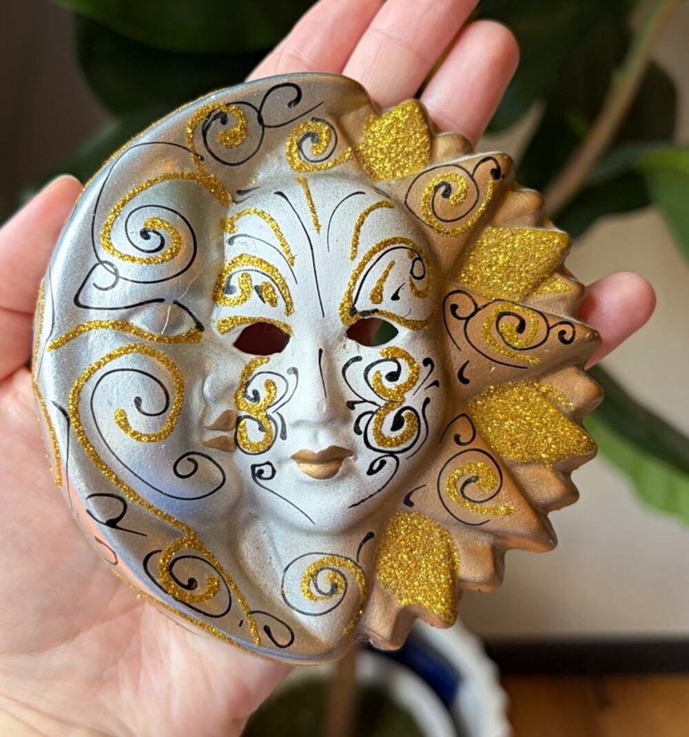 Sun Moon Face Mask Ceramic Paint Silver/Gold Glitter Swirl Decor Art Celestial